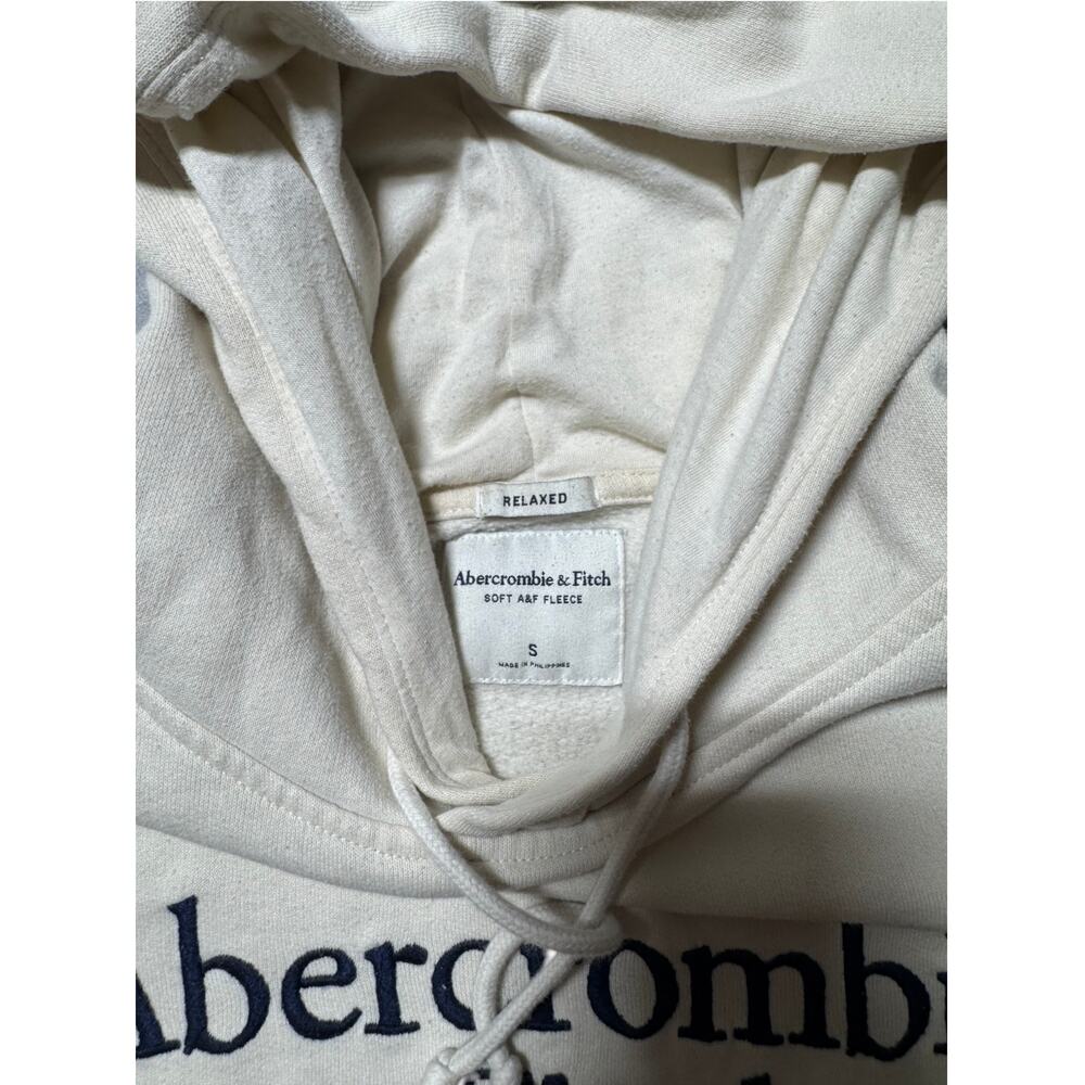 Abercrombie & Fitch Hoodie Mens S Cream Relaxed Soft A&F Fleece Graphic Pullover - Picture 11 of 16